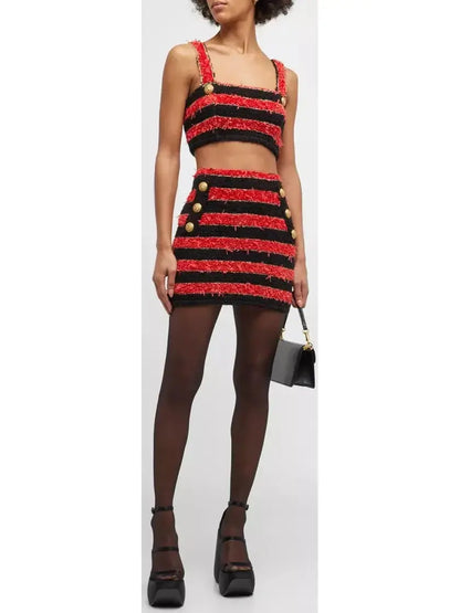 Buttoned Striped Tweed Cropped Top and Skirt Set Red & Black - Suits & Sets