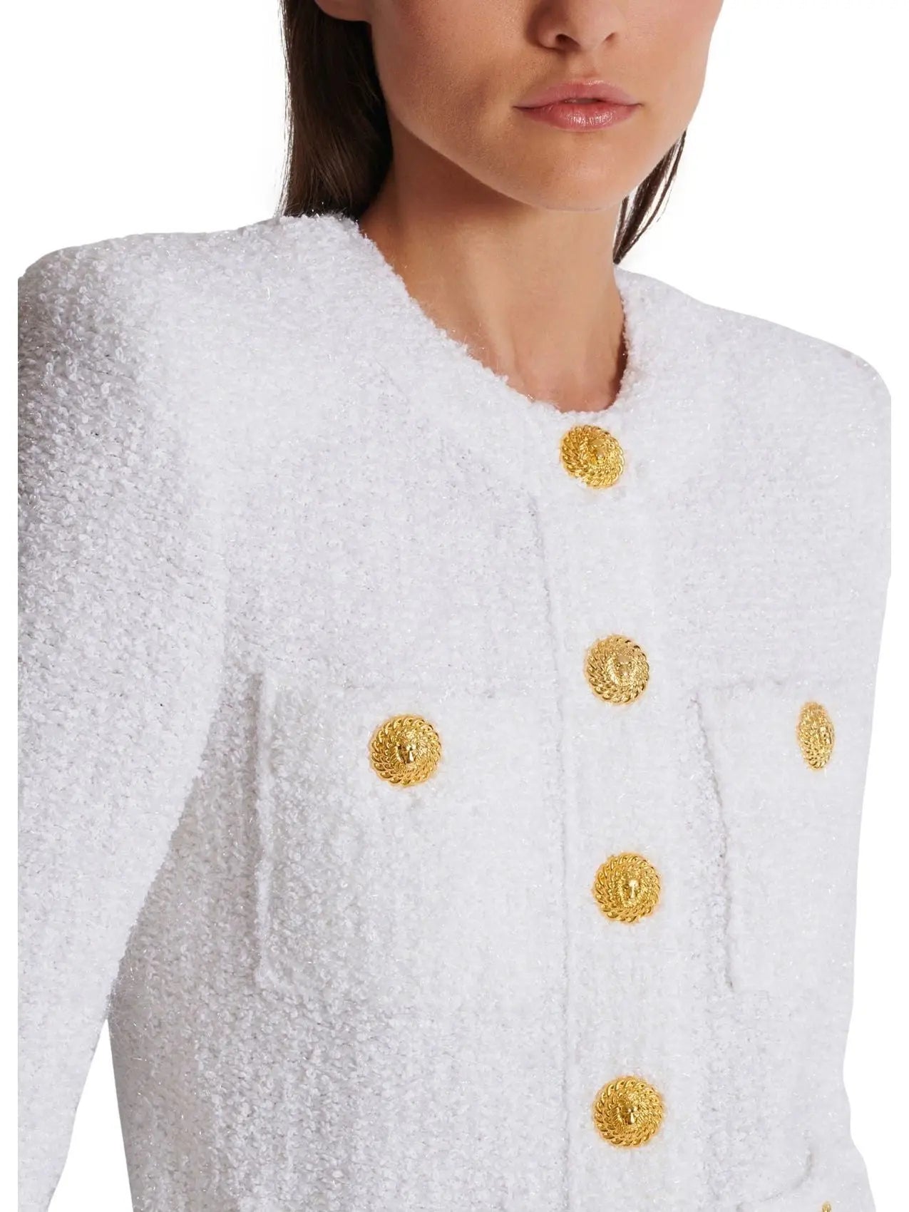 Buttoned Tweed 4-Pocket Cardigan Jacket in White with Matching Mini Skirt - Suits & Sets