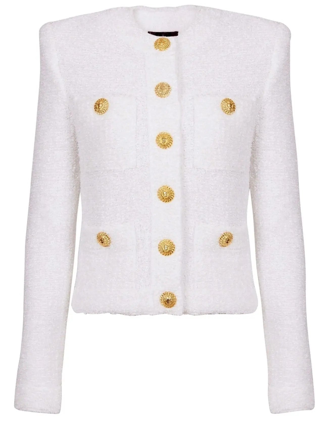 Buttoned Tweed 4-Pocket Cardigan Jacket in White with Matching Mini Skirt - Suits & Sets