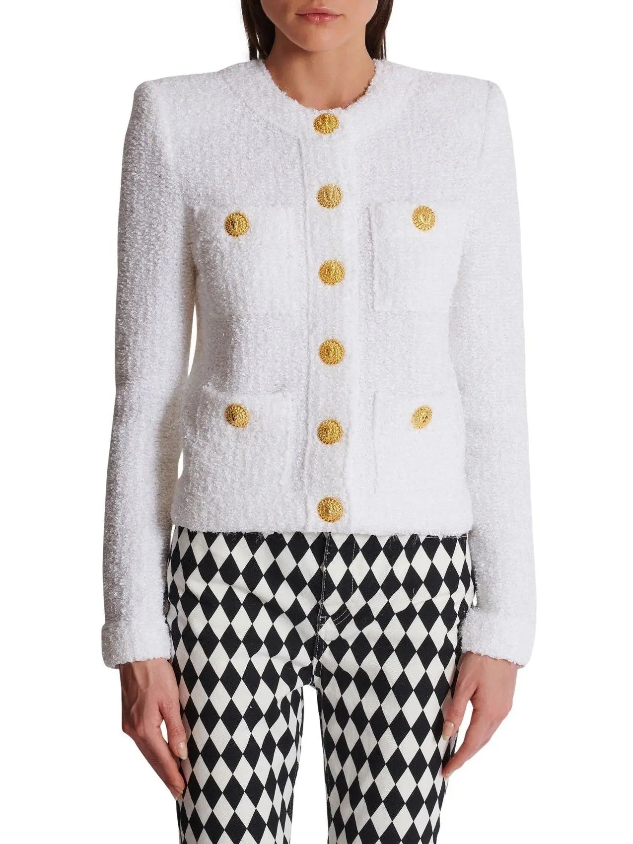 Buttoned Tweed 4-Pocket Cardigan Jacket in White with Matching Mini Skirt - Suits & Sets