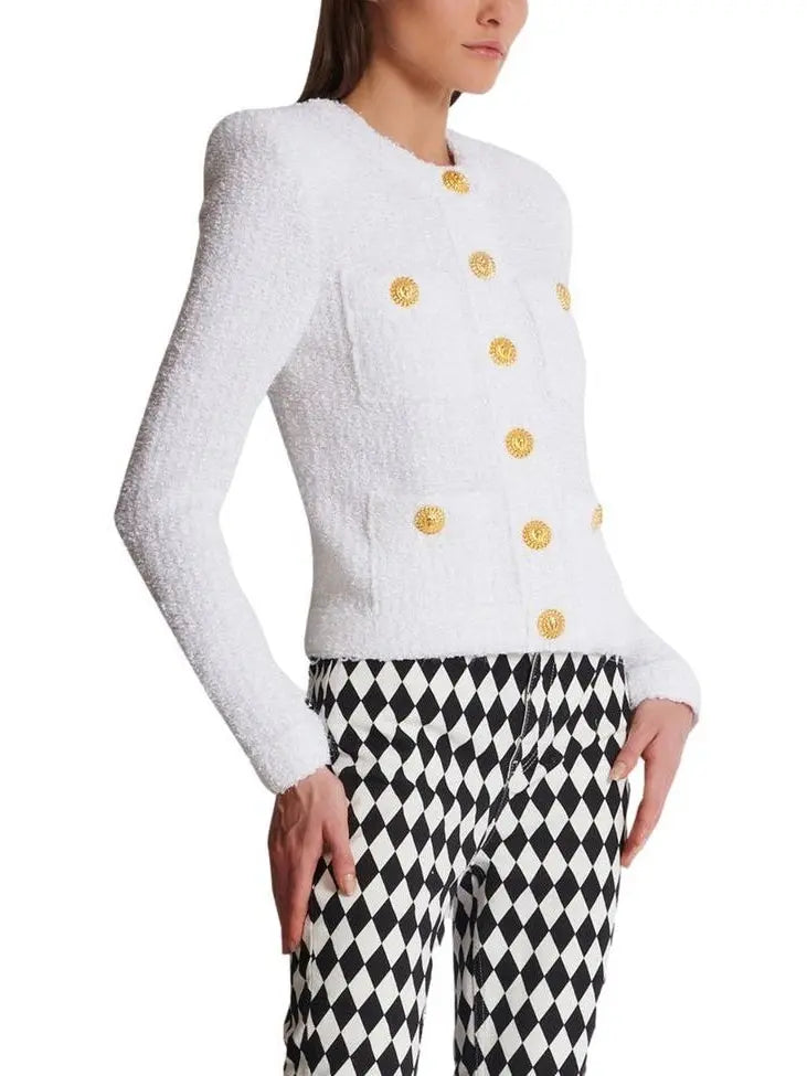 Buttoned Tweed 4-Pocket Cardigan Jacket in White with Matching Mini Skirt - Suits & Sets