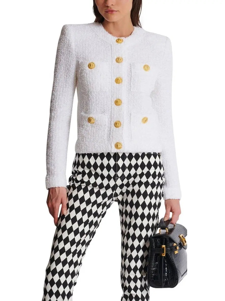 Buttoned Tweed 4-Pocket Cardigan Jacket in White with Matching Mini Skirt - Suits & Sets