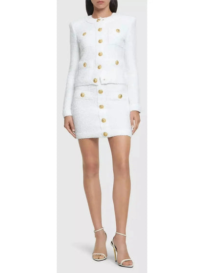 Buttoned Tweed 4-Pocket Cardigan Jacket in White with Matching Mini Skirt - Suits & Sets