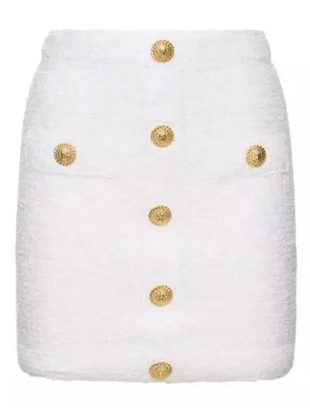 Buttoned Tweed 4-Pocket Cardigan Jacket in White with Matching Mini Skirt - Suits & Sets