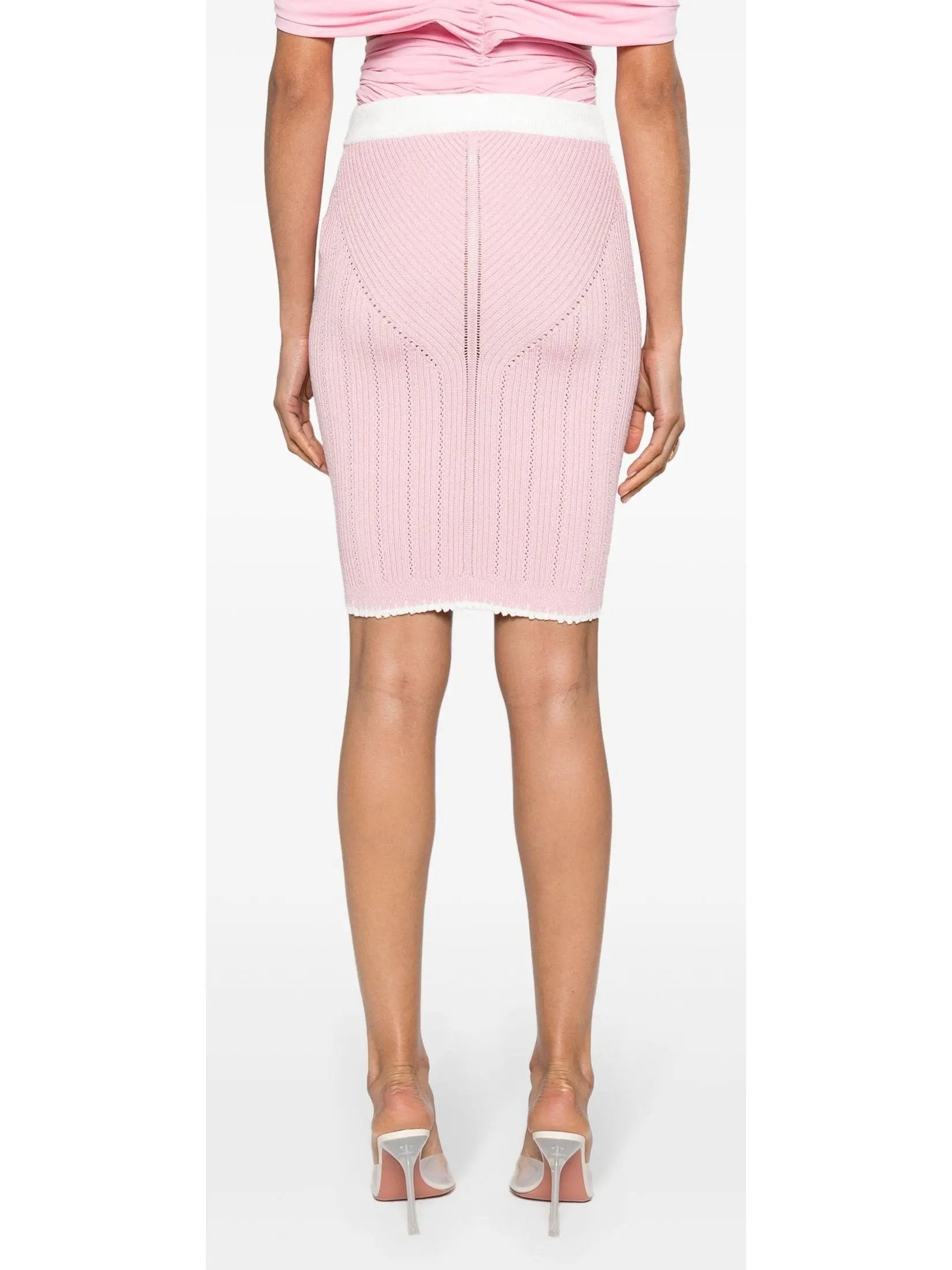 Buttoned Two-Toned Knit Skirt in Pink and White - Skirts