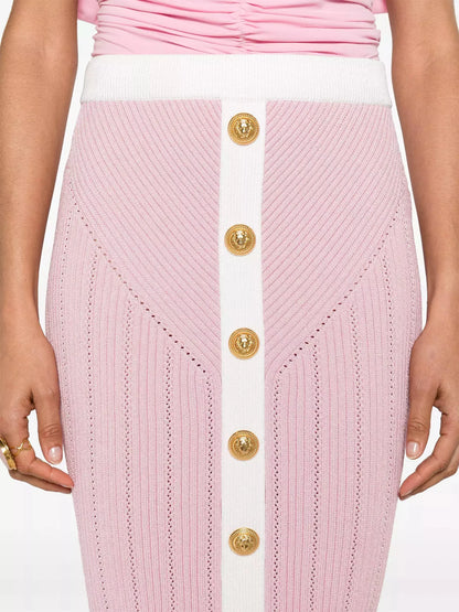 Buttoned Two-Toned Knit Skirt in Pink and White - Skirts