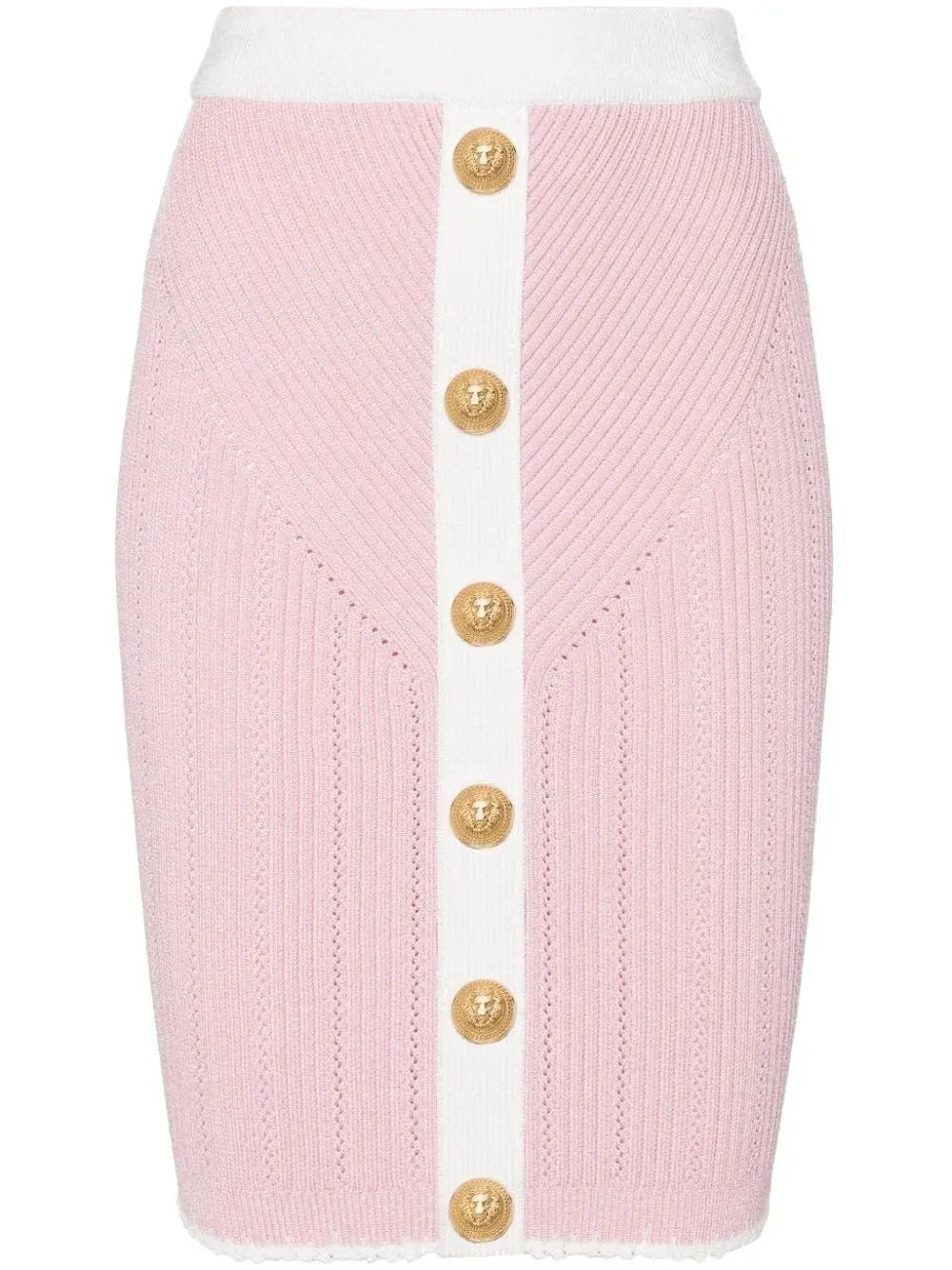 Buttoned Two-Toned Knit Skirt in Pink and White - Skirts