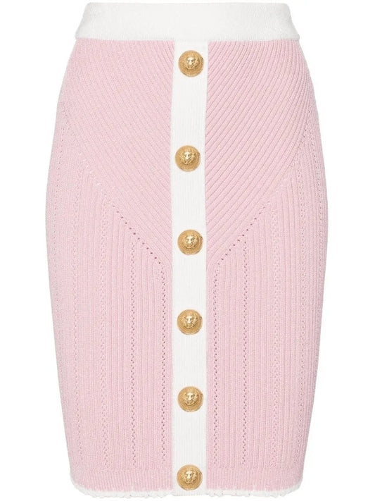 Buttoned Two-Toned Knit Skirt in Pink and White - Skirts