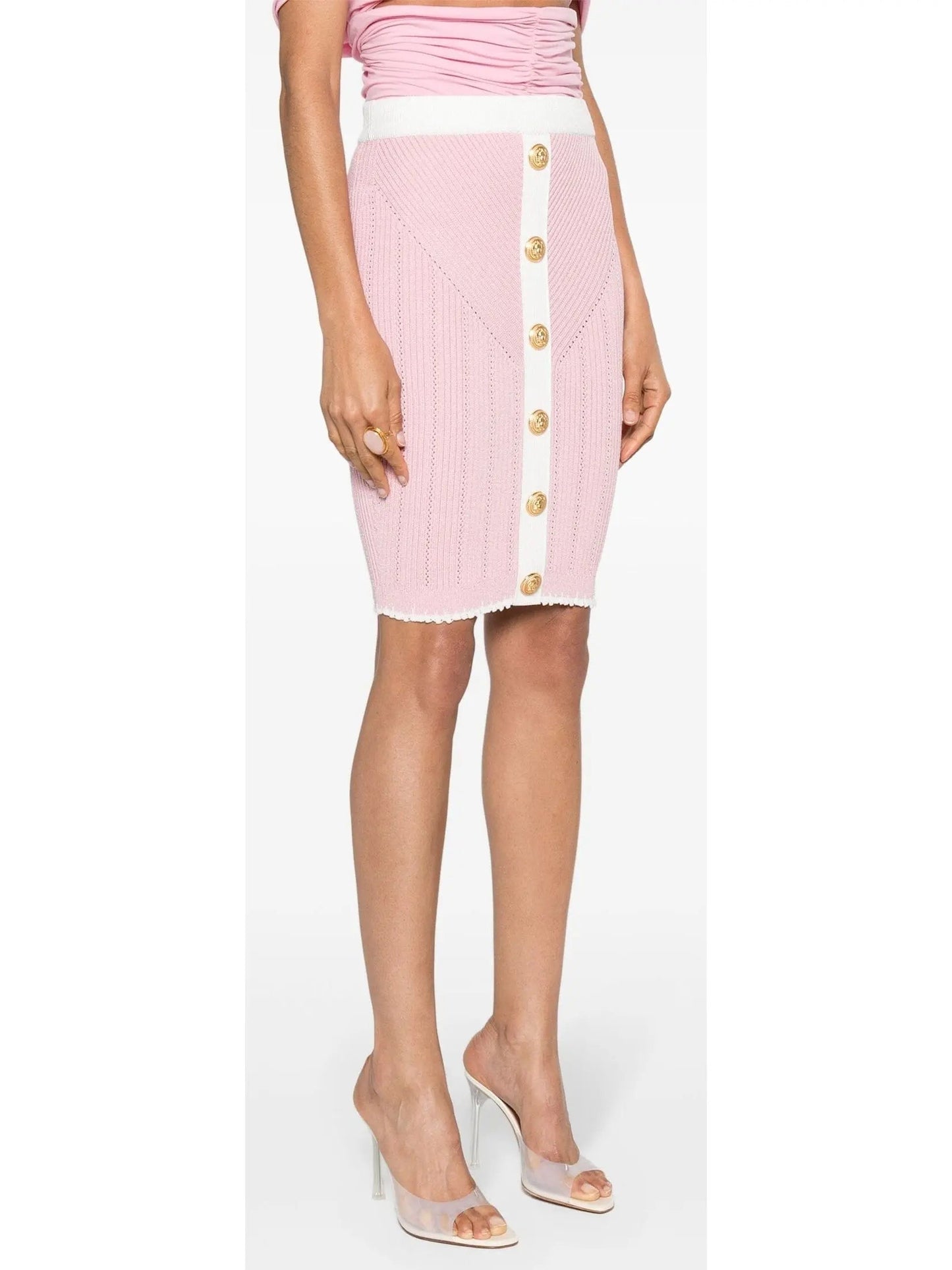 Buttoned Two-Toned Knit Skirt in Pink and White - Skirts