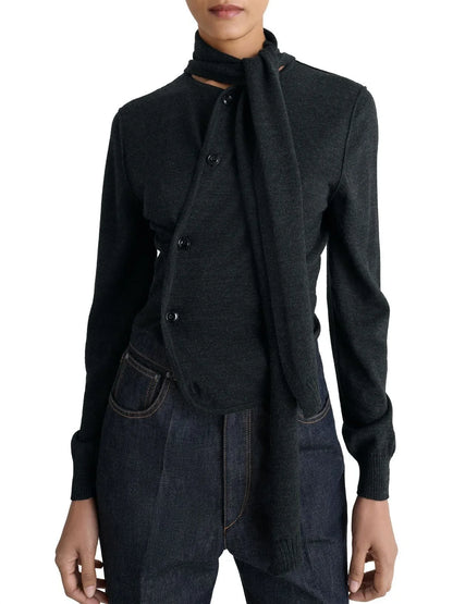 Buttoned Wool-Blend Cardigan with Scarf - Small / Dark Grey - Sweaters & Knitwear