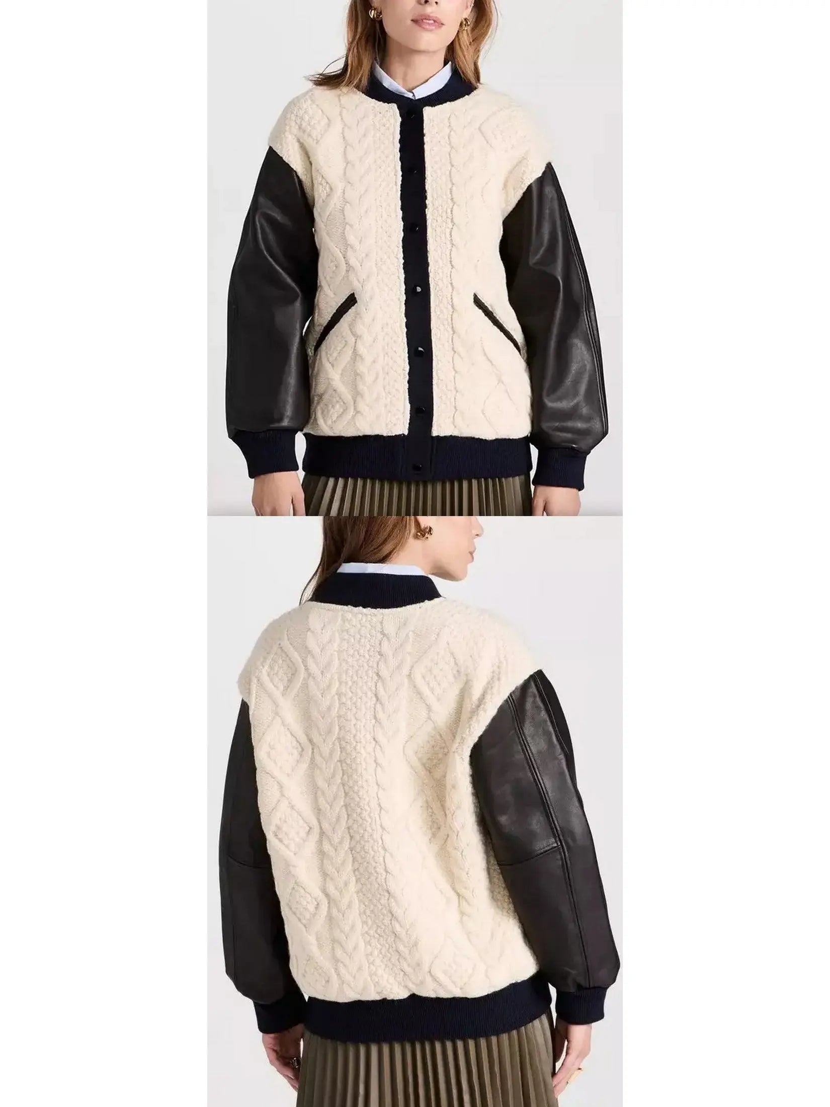 Cable-Knit Leather Paneled Jacket - Jackets