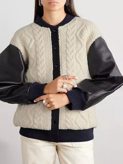 Cable-Knit Leather Paneled Jacket - Jackets