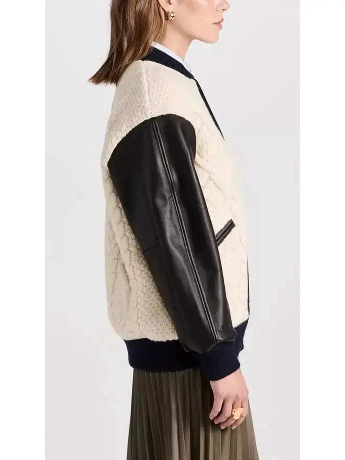 Cable-Knit Leather Paneled Jacket - Jackets