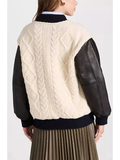 Cable-Knit Leather Paneled Jacket - Jackets