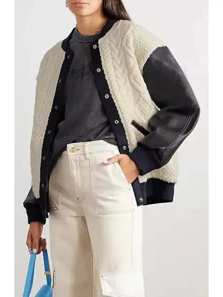 Cable-Knit Leather Paneled Jacket - Jackets