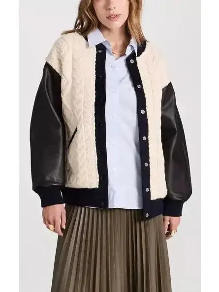 Cable-Knit Leather Paneled Jacket - Jackets