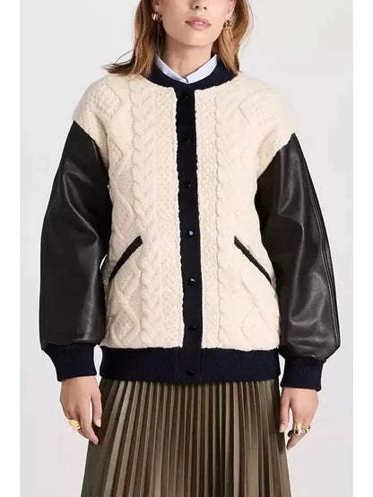 Cable-Knit Leather Paneled Jacket - Jackets