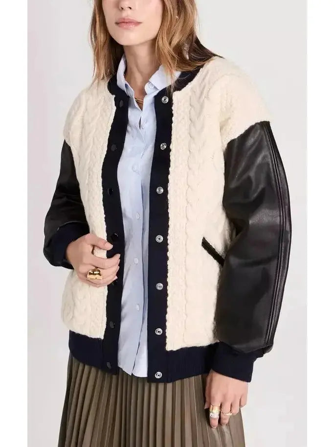 Cable-Knit Leather Paneled Jacket - Jackets