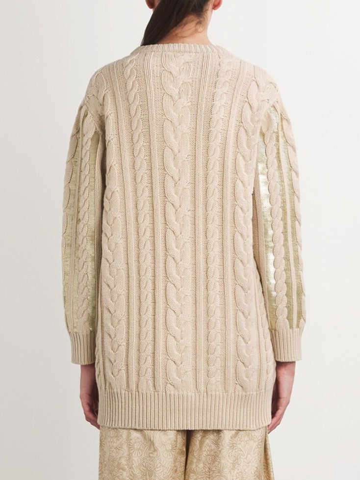 Beige Cable-Knit Sequin-Paneled Oversize Sweater displayed on a neutral background