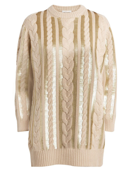 Beige cable-knit sequin-paneled oversize sweater dress with gold stripes