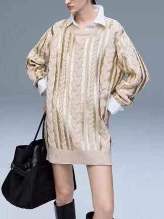 Beige cable-knit sequin-paneled oversize sweater showcasing gold accents