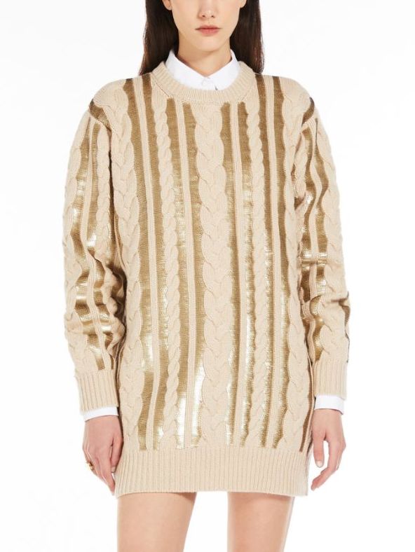 Beige cable-knit sequin-paneled oversize sweater with stylish gold accents