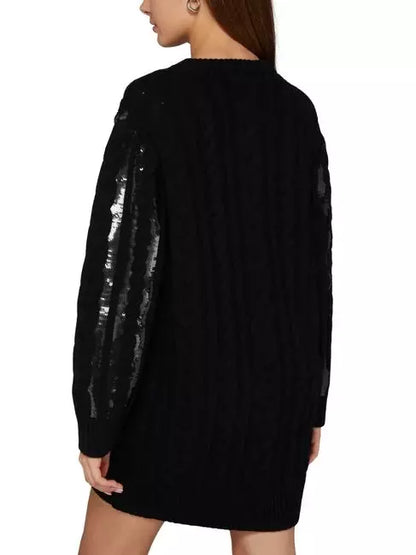 Black knit dress featuring sequined sleeves, perfect for a Cable-Knit Sequin-Paneled Oversize