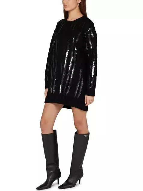 Black Cable-Knit Sequin-Paneled Oversize Sweater Dress for stylish winter wear