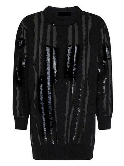 Black Cable-Knit Sequin-Paneled Oversize Sweater Dress showcasing stylish elegance