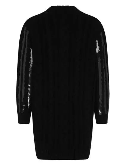 Black cable-knit sequin-paneled oversize sweater with sequined sleeves for stylish comfort