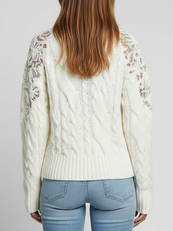 Cable-Knit Sweater with Lace-Detail Sleeves - Sweaters & Knitwear