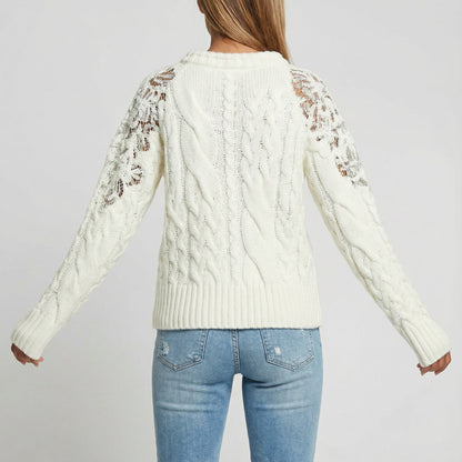 Cable-Knit Sweater with Lace-Detail Sleeves - Sweaters & Knitwear