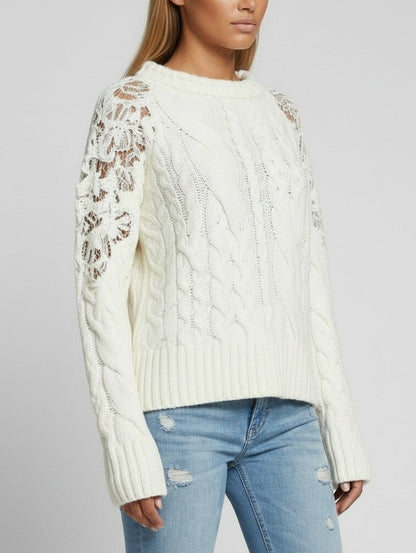 Cable-Knit Sweater with Lace-Detail Sleeves - Sweaters & Knitwear