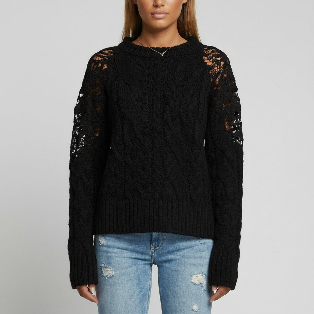 Cable-Knit Sweater with Lace-Detail Sleeves - S / Black - Sweaters & Knitwear