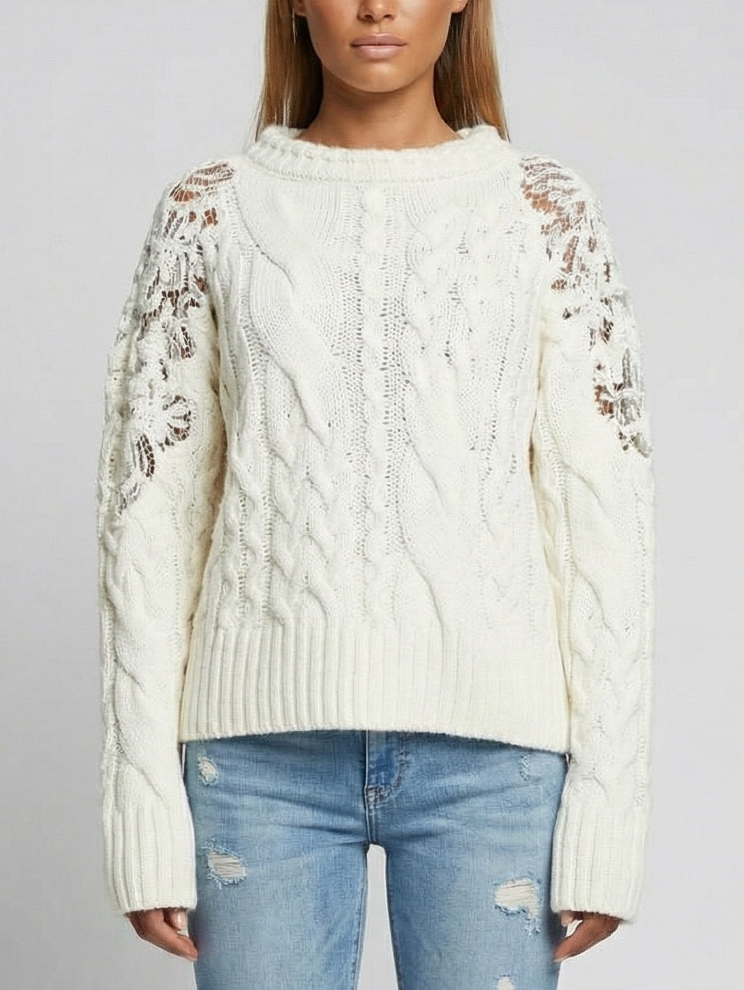 Cable-Knit Sweater with Lace-Detail Sleeves - S / White - Sweaters & Knitwear