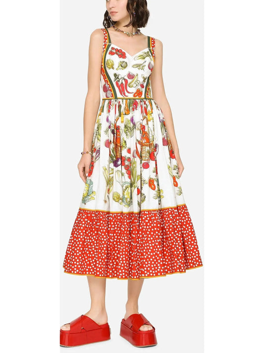 Calf-Length Bustier Dress in Vegetable-Print Poplin - s - Dresses