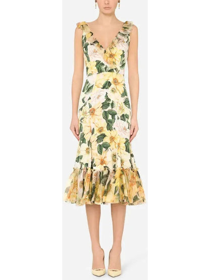 Camellia-Print Midi Dress - s - Dresses