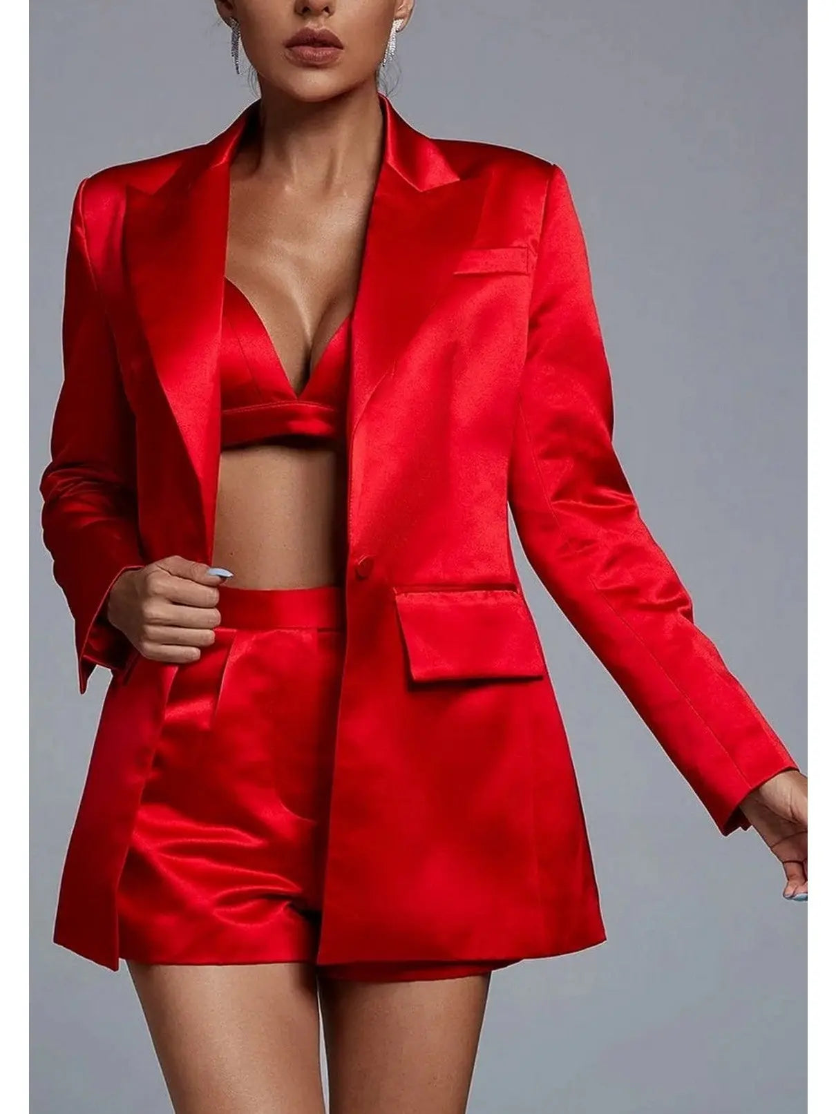 Candy Apple Red Satin Bralette Blazer and Short Set - Suits & Sets