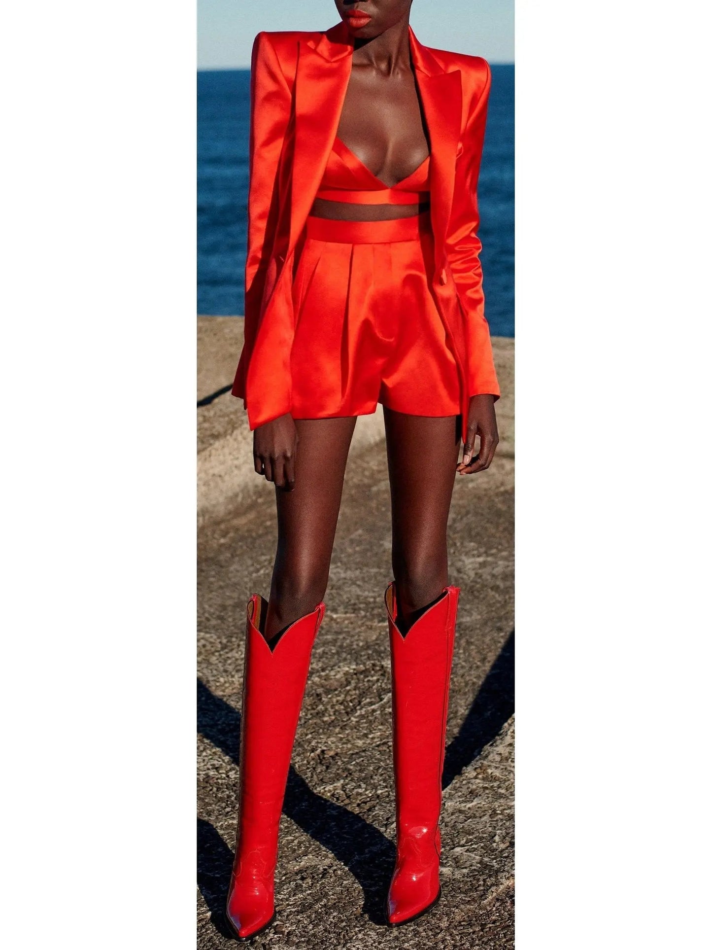 Candy Apple Red Satin Bralette Blazer and Short Set - Suits & Sets