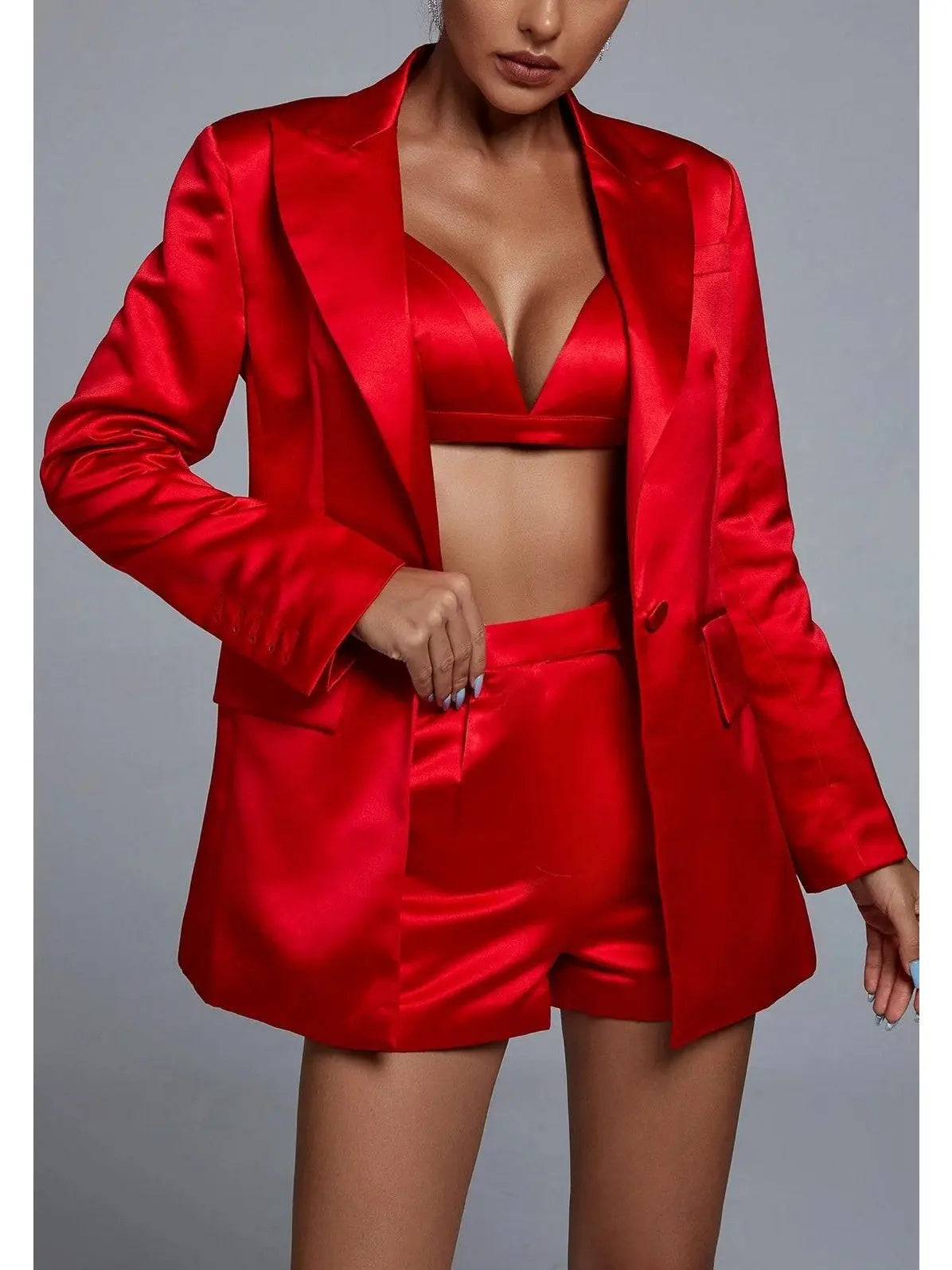 Candy Apple Red Satin Bralette Blazer and Short Set - Suits & Sets