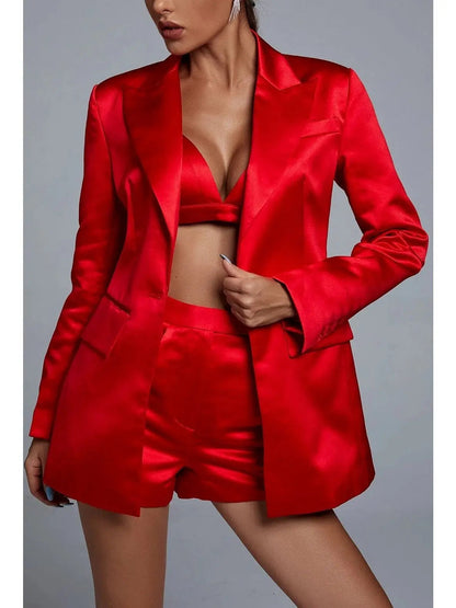 Candy Apple Red Satin Bralette Blazer and Short Set - Suits & Sets