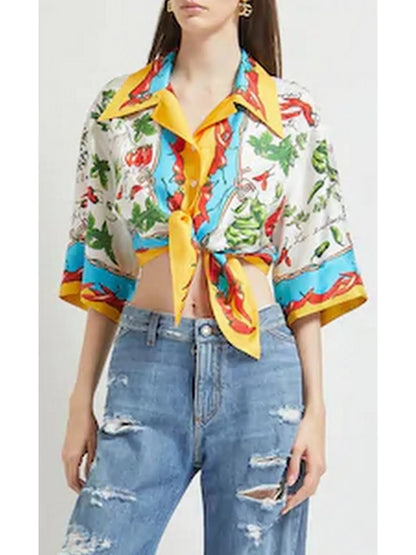 Capri Knotted Silk Twill Crop Shirt - Tops