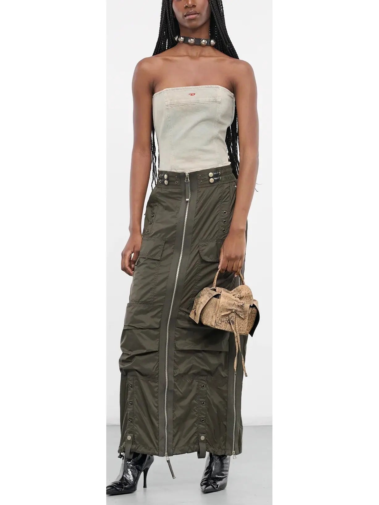 Cargo Maxi Zip Skirt in Dark Green - Skirts