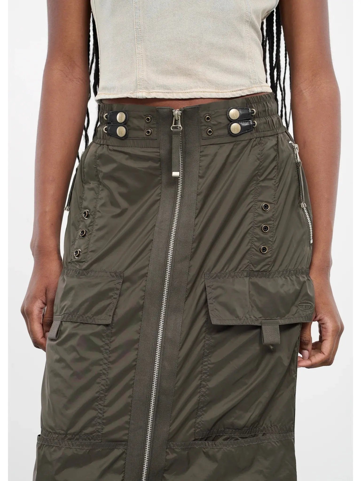 Cargo Maxi Zip Skirt in Dark Green - Skirts