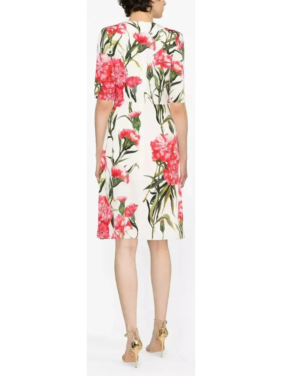 Carnation-Print Charmeuse Midi Dress - Dresses