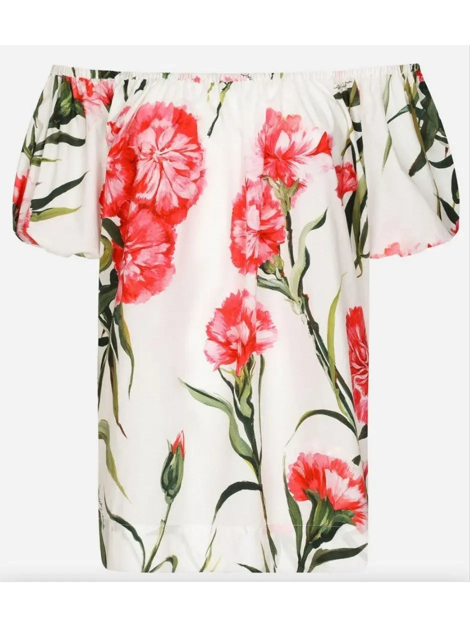 Carnation-Print Poplin Off-Shoulder Blouse - Tops