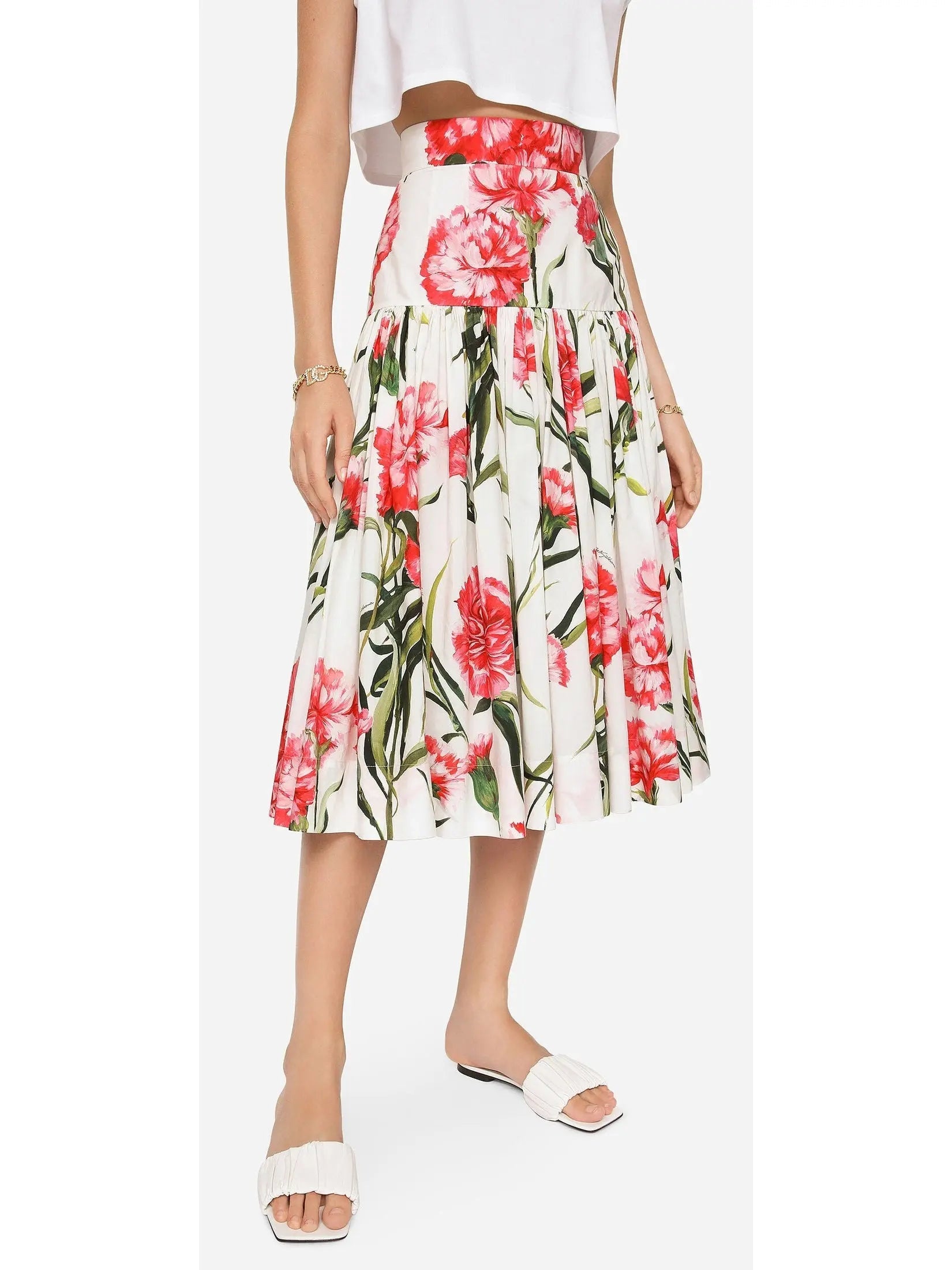 Carnation-Print Poplin Shirt with Knit Detail & Midi Skirt Set - Suits & Sets