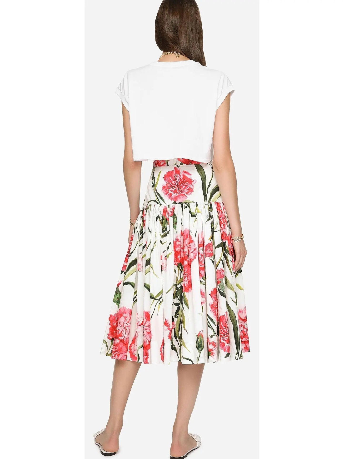 Carnation-Print Poplin Shirt with Knit Detail & Midi Skirt Set - Suits & Sets