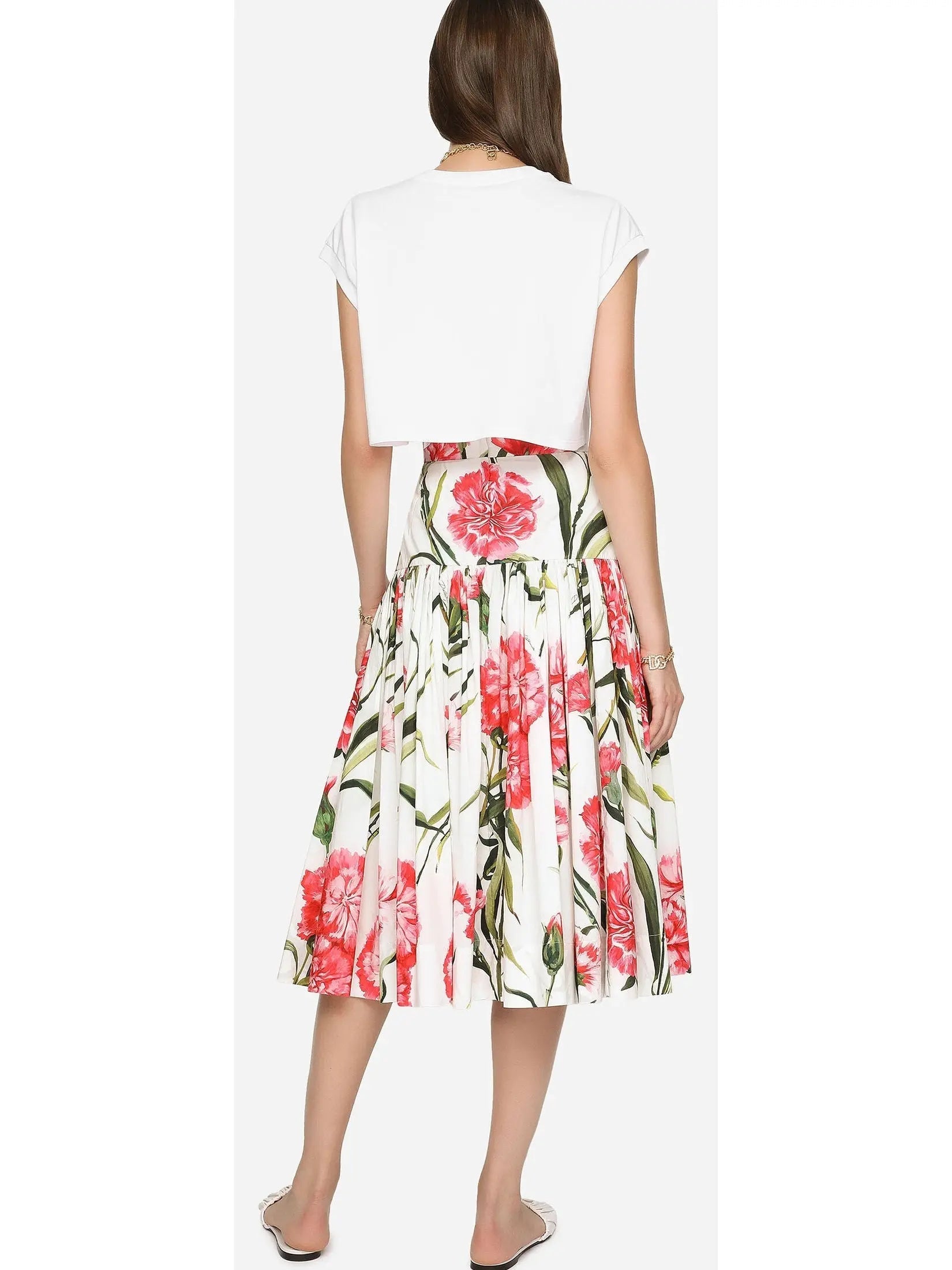 Carnation-Print Poplin Shirt with Knit Detail & Midi Skirt Set - Suits & Sets