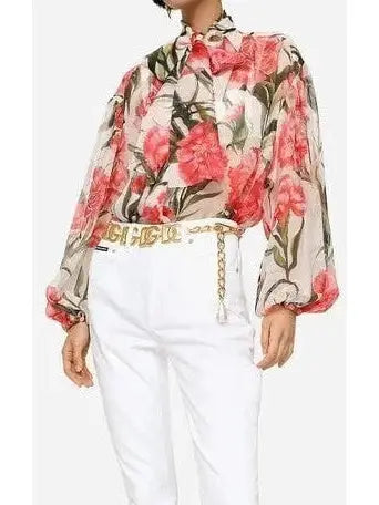 Carnation-Print Silk Blouse - Tops